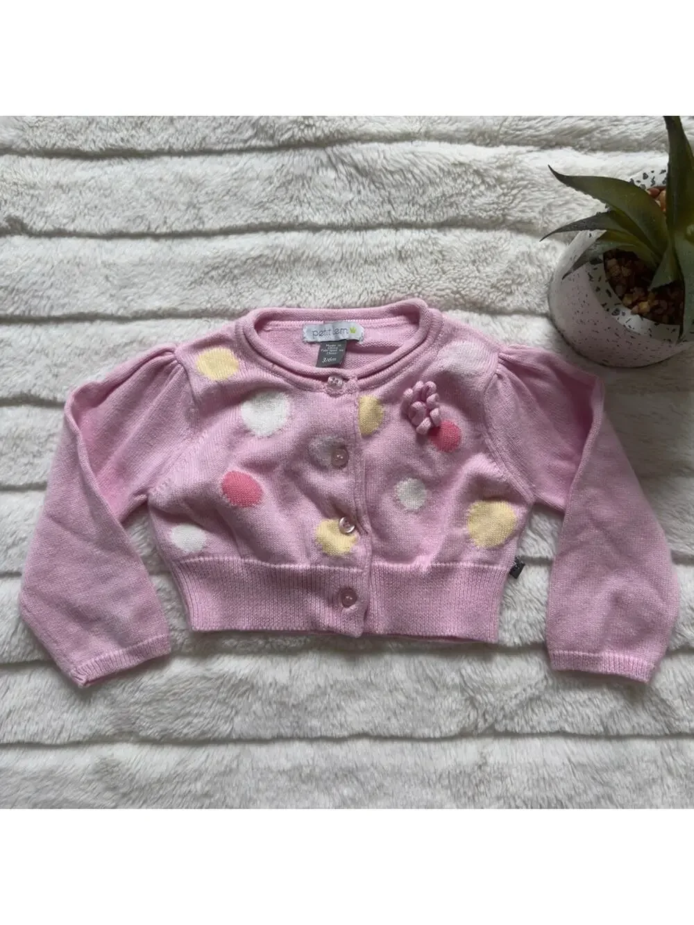 Petit Lem Pink Cardigan Polka Dots long sleeve button down front tight knit 3/6M